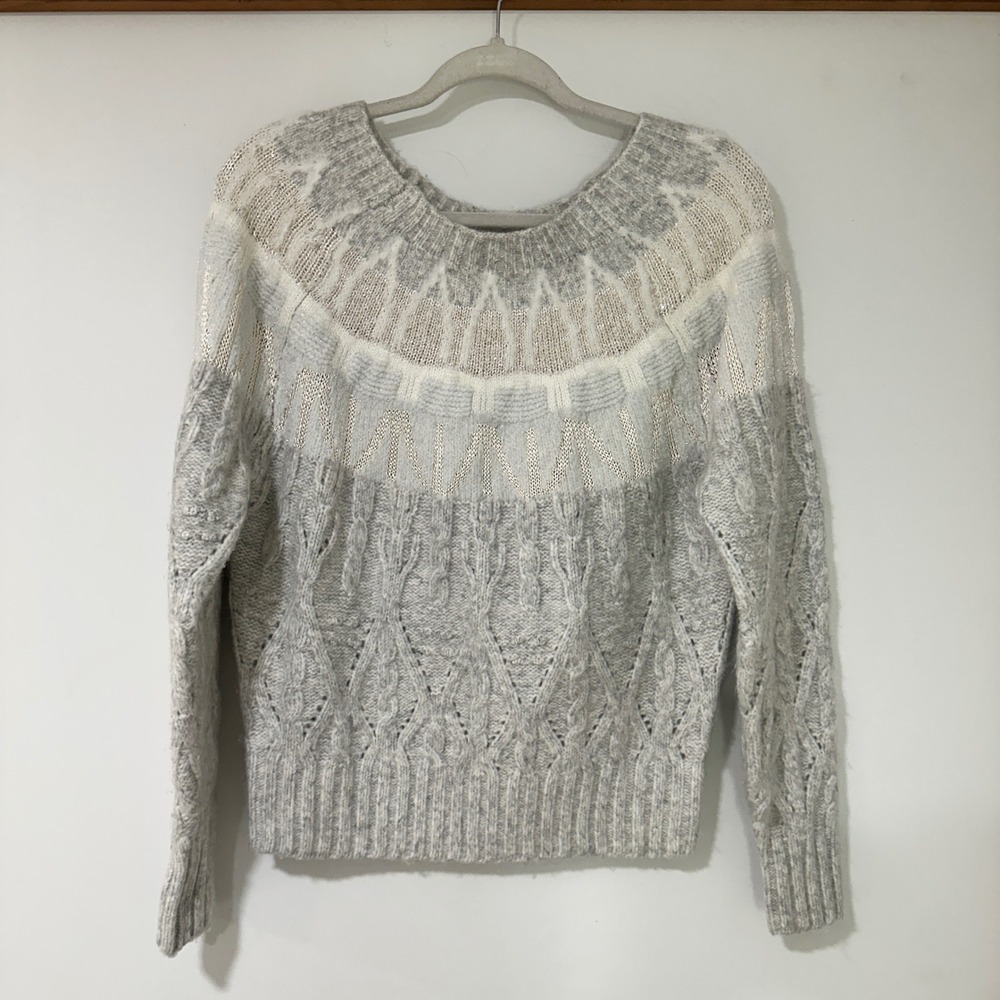 White House Black Market Fair Isle Cable Knit Sweater Women S Gray Metallic Wool